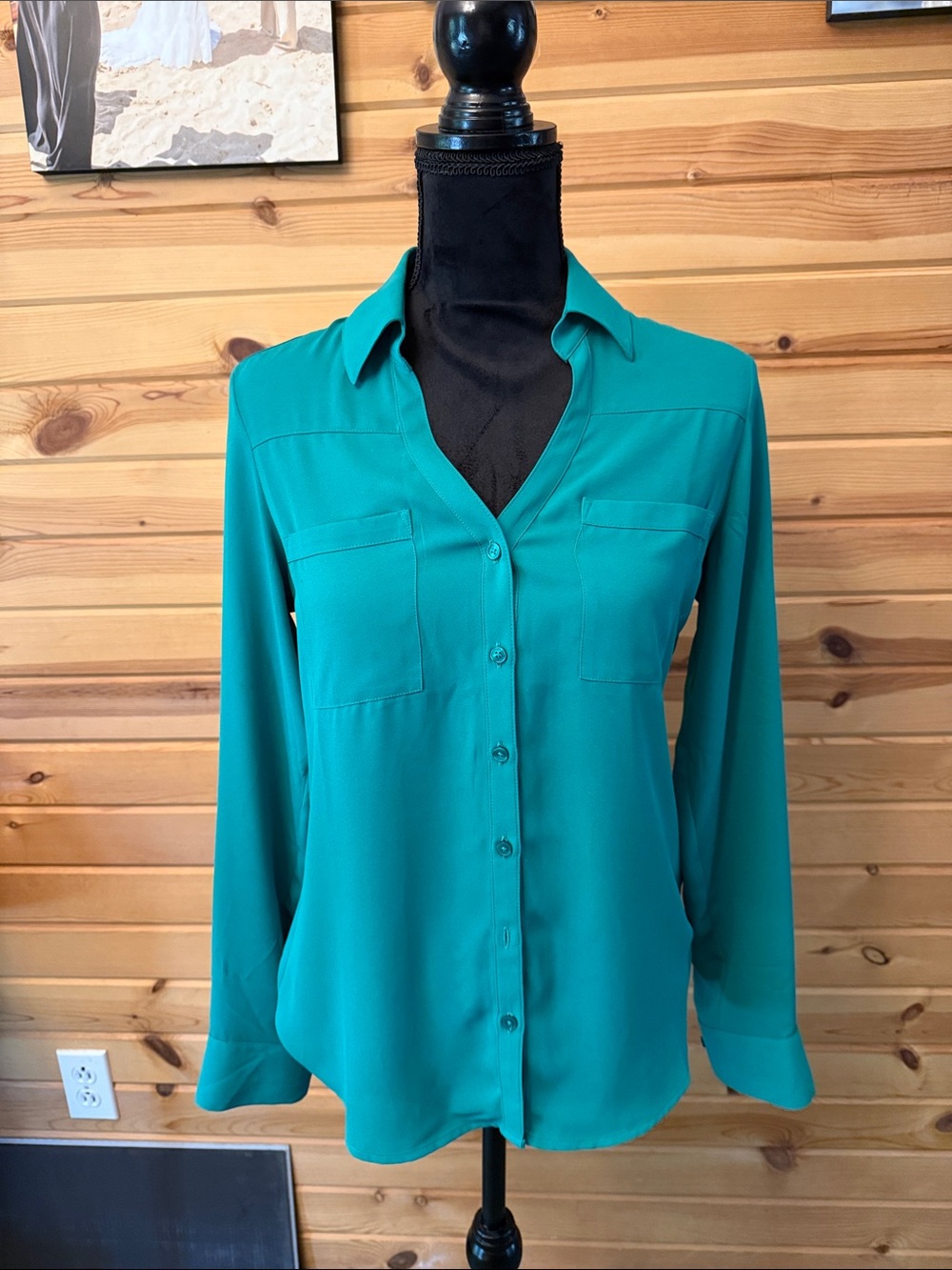 Women's Green and Red  Button-Front Blouse